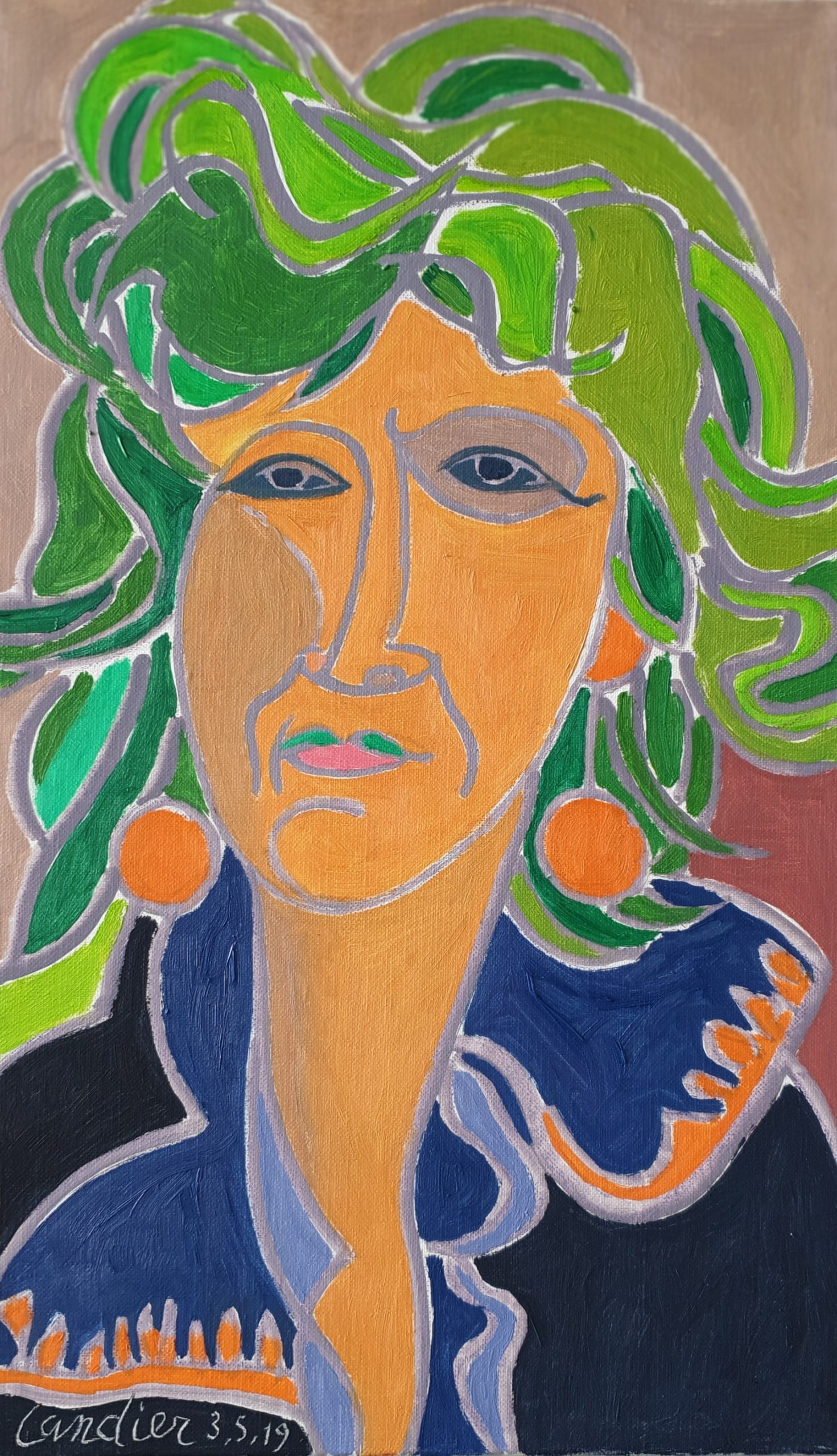 Stéphanie aux cheveux verts Peinture de Henri LANDIER 2020 46x27 cm Prix : 4 800 €