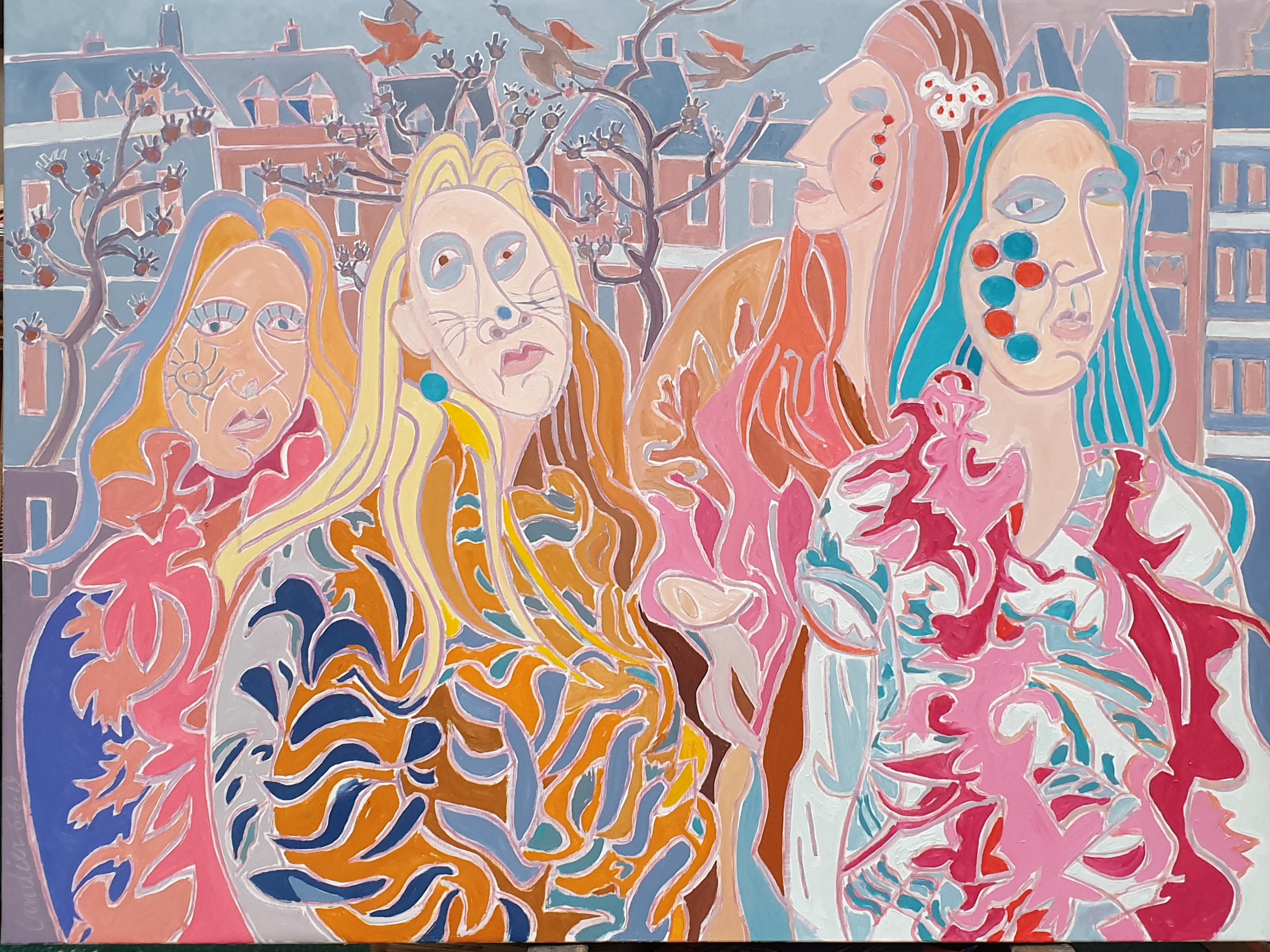 Le quatuor du carnaval de Maastricht Peinture de Henri LANDIER 2019 97x130 cm Prix : 22 000 €